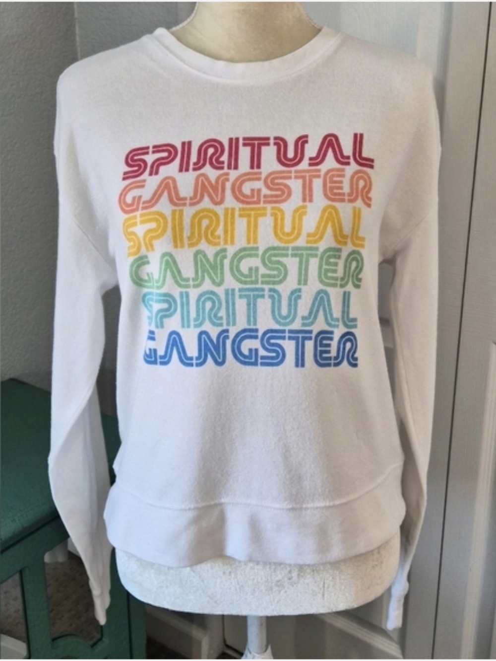 Spiritual Gangster Rainbow Retro Logo Knit Crewneck Sweatshirt Large